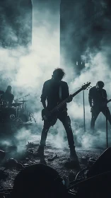 Silhouetted rock band performing amid dense urban stage fog.