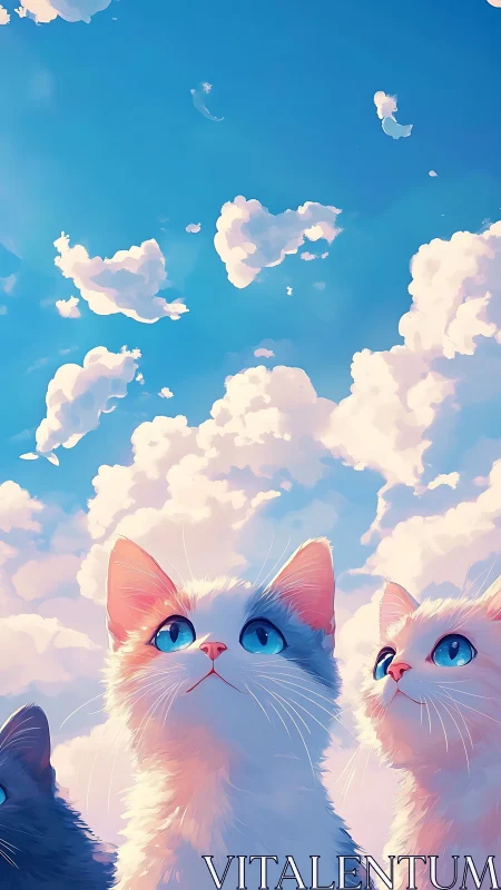Two cats gazing from clouds in a luminous sky.