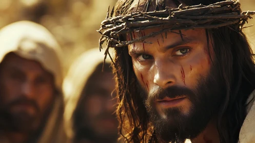 Crowned figure in quiet defiance, gaze full of wounded hope.