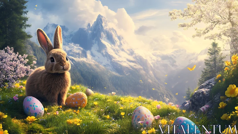 Daydreaming mountain bunny amid painted springtime eggs.
