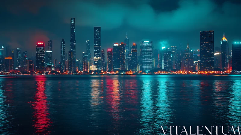 Neon-lit highrise skyline with cyan and red reflections at night