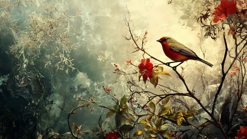Songbird on flowering branch in misty painted forest.