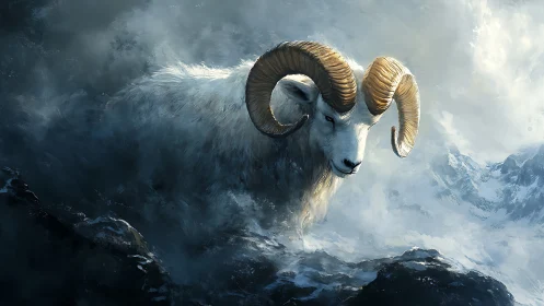 Majestic mountain ram emerging through swirling winter mist.