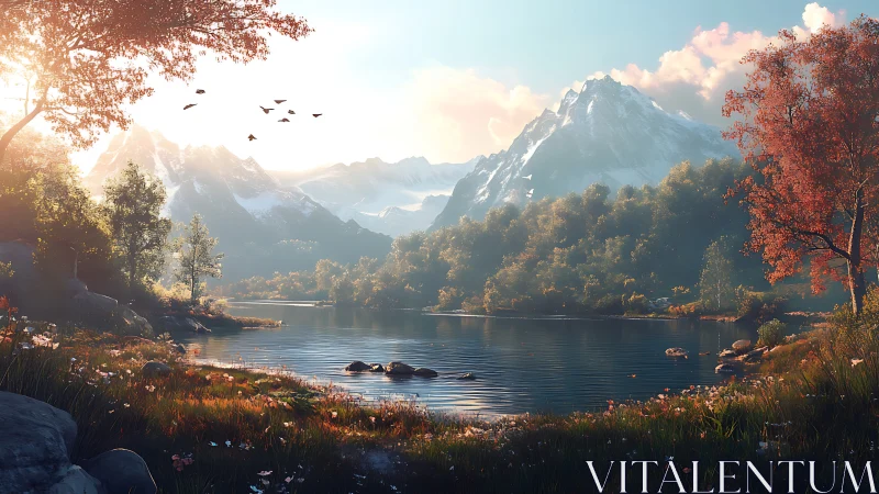 Golden sunrise warms a tranquil mountain lake in early autumn