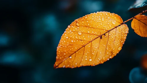 Single amber leaf with raindrops against teal bokeh background.