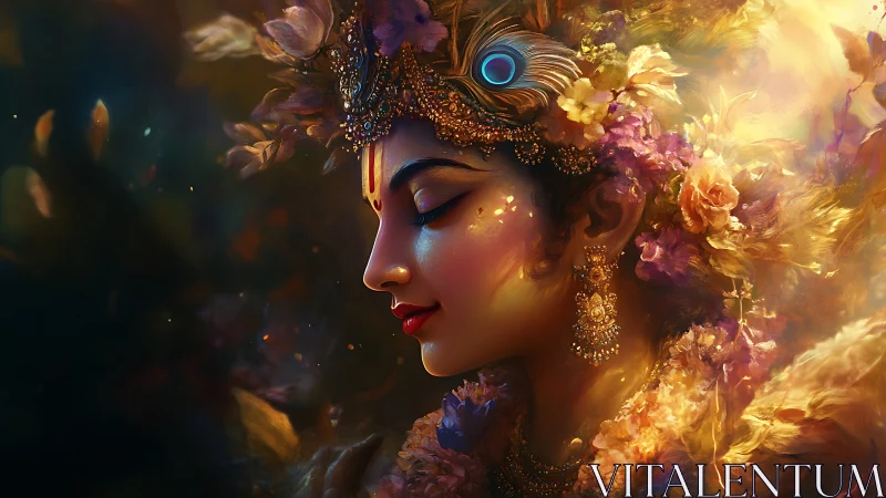 Profile portrait of floral adorned figure with headdress.