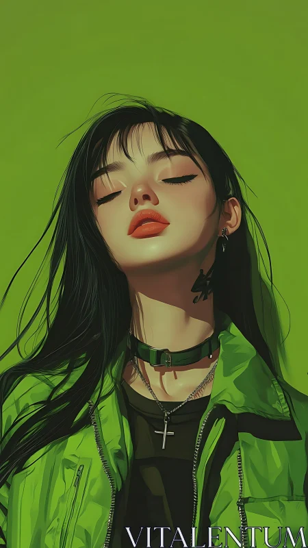 Digital painting portrait with neon green streetwear styling.