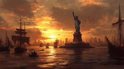 Digital painting seascape with Statue of Liberty at sunset.