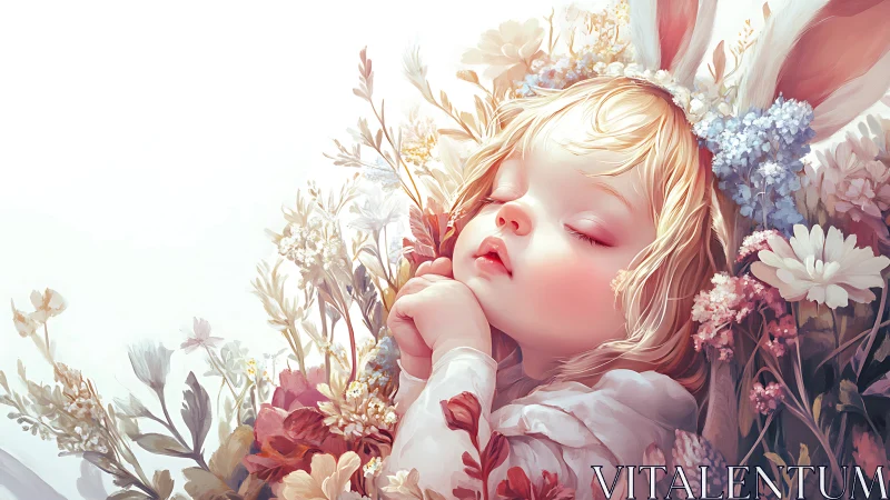 Sleeping child among floral elements in soft light.