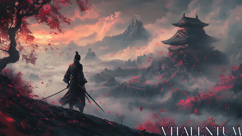 Samurai stands on misty cliff facing distant mountain temple