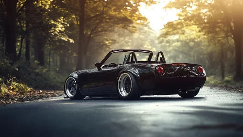 Black modified roadster sits on sunlit forest road
