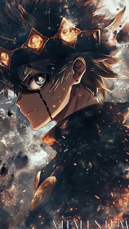 Ember‑eyed rogue prince staring down a storm of sparks.