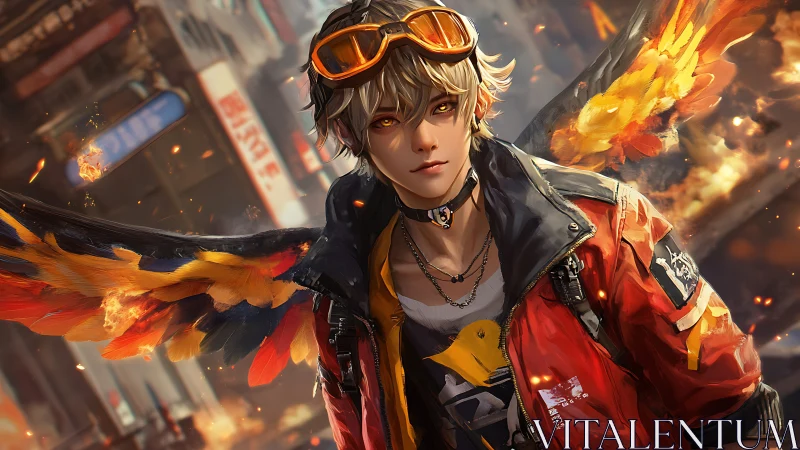 Urban winged boy in red jacket amid flying embers.