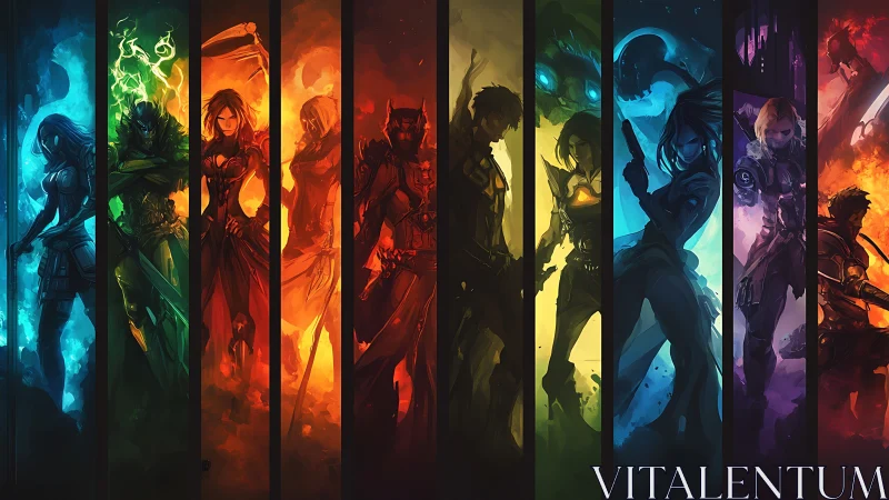 Elemental warrior lineup rendered in segmented chromatic spectrum bands