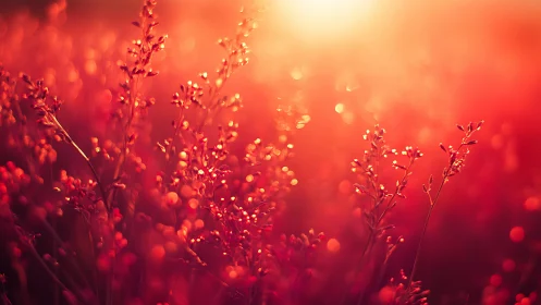 Backlit red wild grasses occupy shallow-focus foreground field