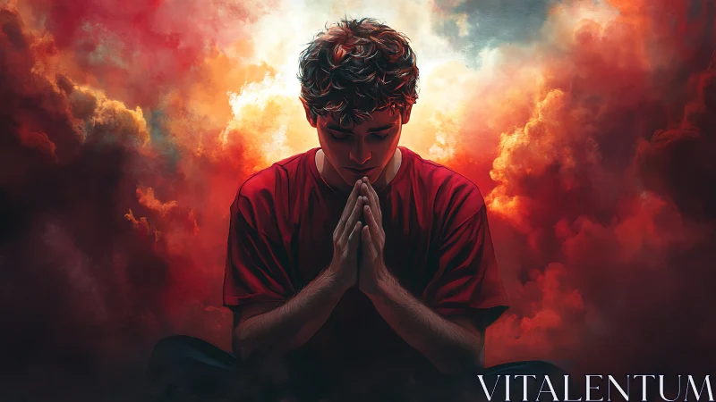 Contemplative youth in crimson clouds with cinematic rim light.