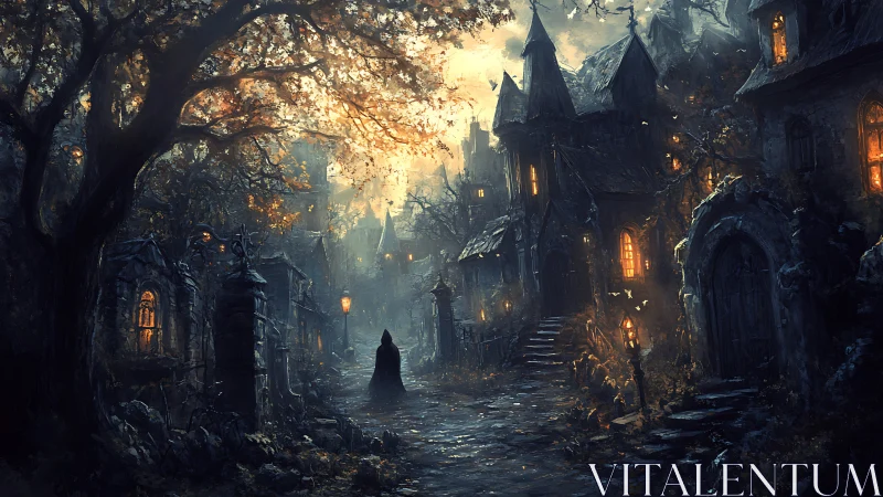 Cloaked wanderer walks through eerie lantern‑lit village.