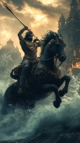 Armored rider on black horse crossing turbulent water.