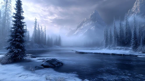 Icy alpine river reflects misted peaks in cold blue twilight