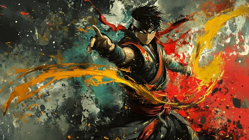 Heroic warrior commands swirling elemental paint energy