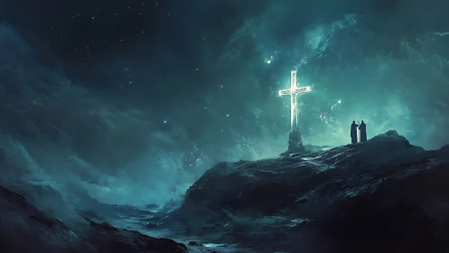 Glowing cross rises above misty ridge under starry night sky.
