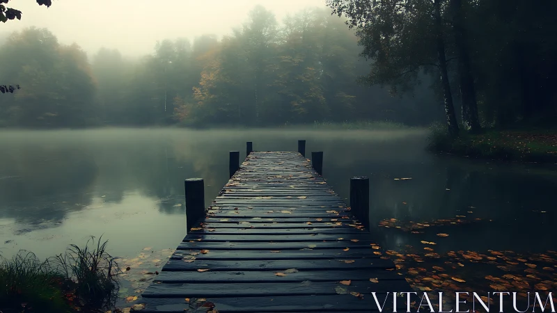 Mist-laden lakeside pier stretching into tranquil forest twilight.