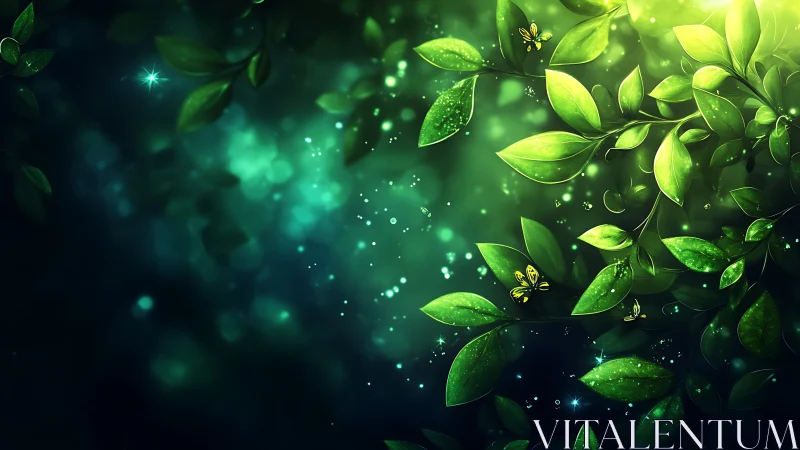 Luminous green leaves with glowing butterflies and bokeh light.