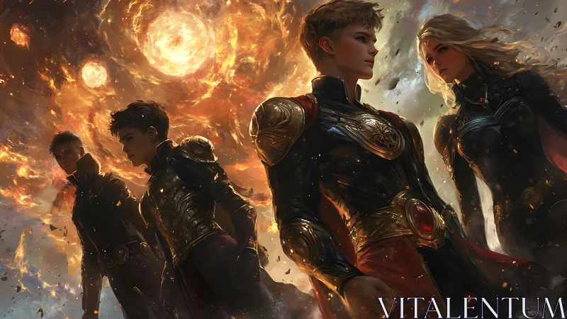 Solar-forged guardians stride beneath a burning cosmic sky.