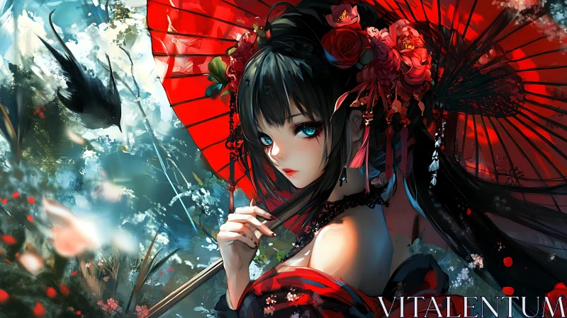 Anime geisha portrait under red parasol with vibrant bokeh