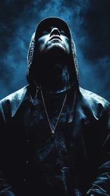 Hooded figure in upward pose under blue directional light.