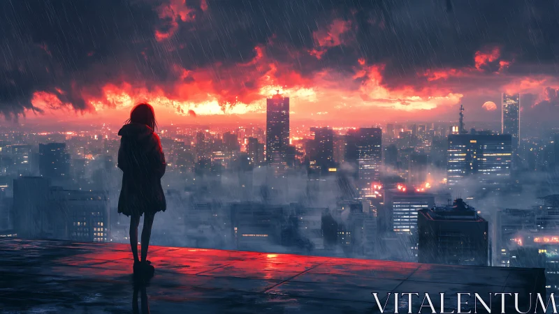 Rooftop dreamer meets neon storm above a burning skyline.