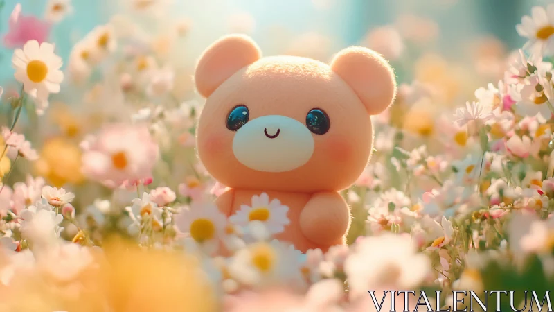 Plush bear figure positioned in dense pastel flower field.