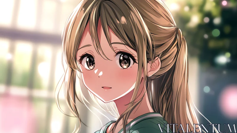 Sunlit anime girl portrait with warm reflective eyes.