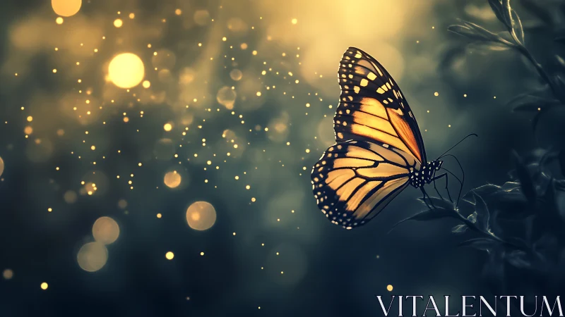 Monarch butterfly in golden bokeh with dramatic side light.