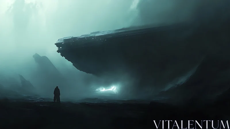 Colossal starship hovers above cloaked figure in teal fog.