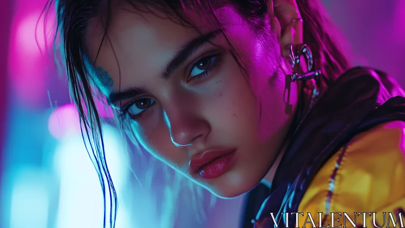 Intense neon portrait of young woman with bold earrings.
