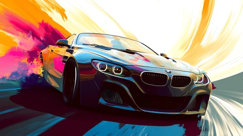 Sport coupe drifts through neon smoke and sweeping light trails