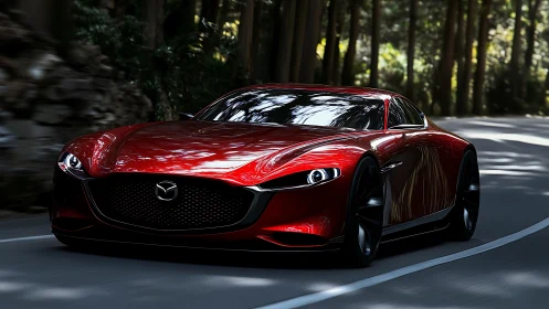 Red Mazda concept sports car races through shaded forest road