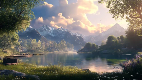 Mountain lake landscape with dock, trees, and soft light.