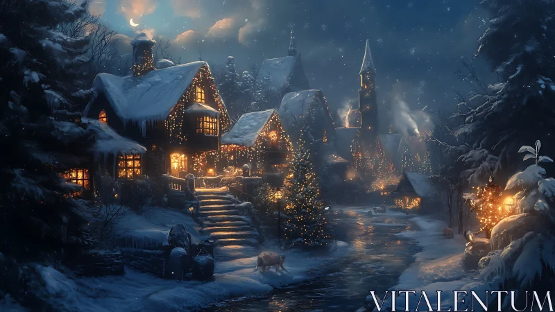 Snowy village night with lit cottages and church tower.