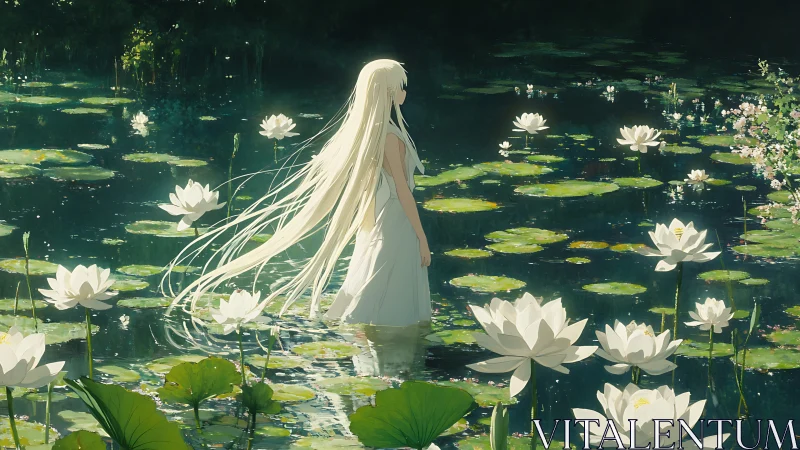 Girl with white dress stands in sunlit lily pond