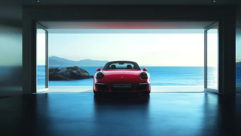 Sunlit red sports car waits in a sleek oceanfront garage
