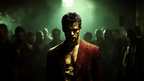 Brooding rebel in crimson jacket amid shadowed crowd.