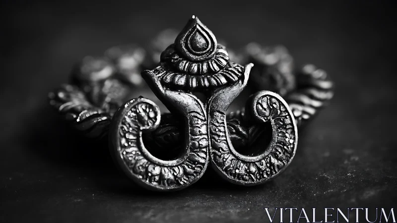 Ornate metallic Om symbol in dramatic monochrome focus.