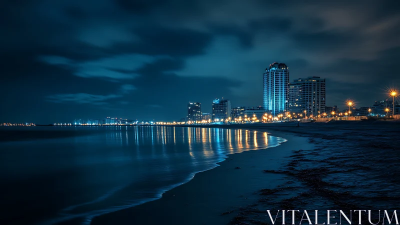 Coastal skyline glows over reflective midnight shoreline.