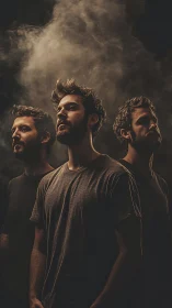 Moody triple portrait under dramatic sculpted smoke plume.