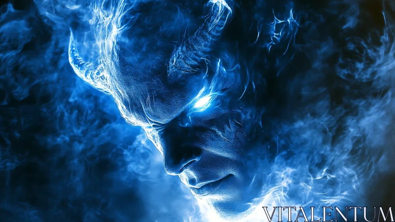 Stormlit horned wraith smoldering in electric blue silence.