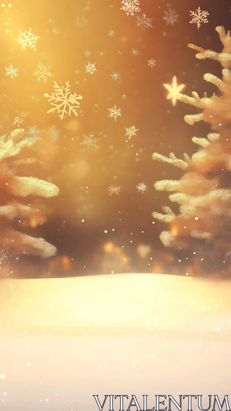 Snowy trees and golden winter background with snowflakes.