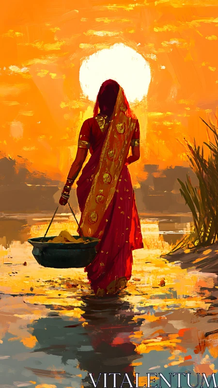 Woman in red sari walks through river at vivid sunset.