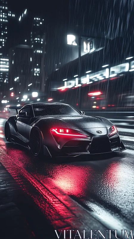 Midnight rain ride with a sleek street racer in neon glow.
